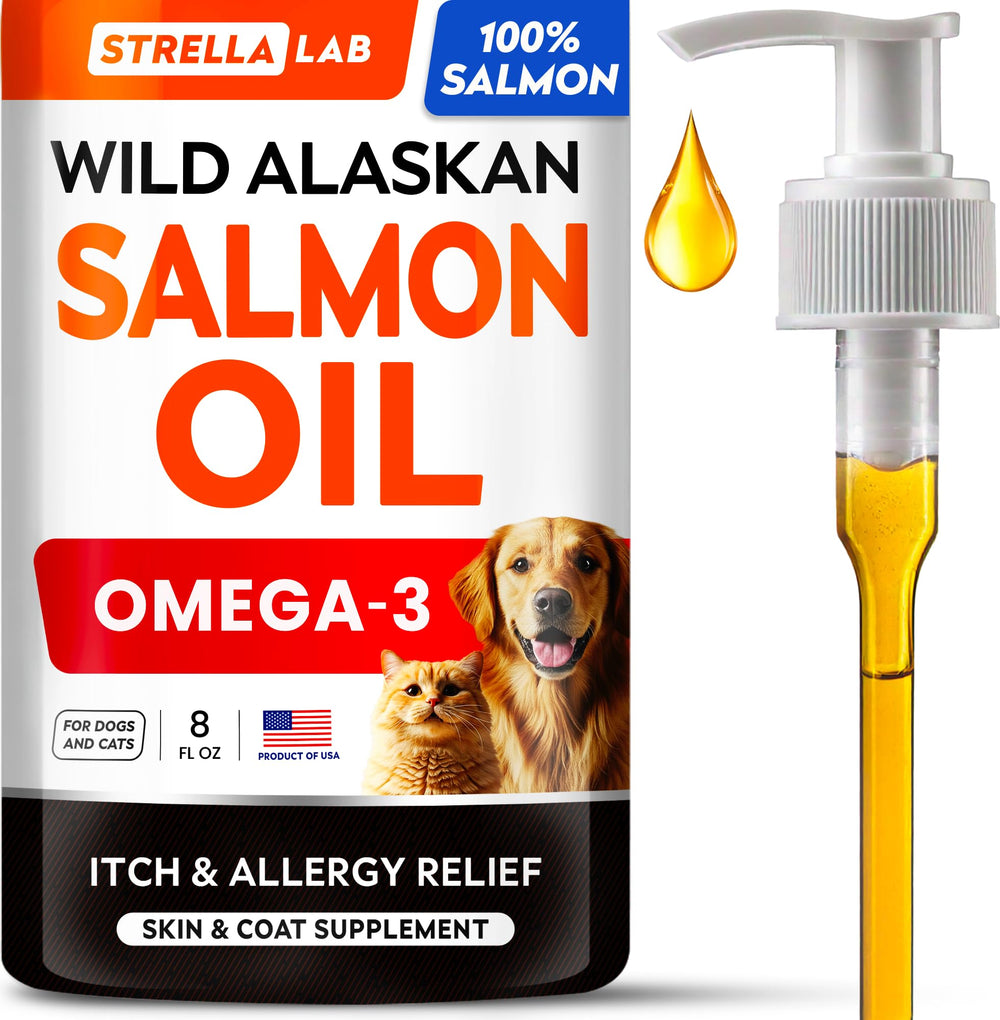 Flacon STRELLALAB huile saumon Alaskan pour pelage sain.