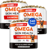STRELLALAB Omega3 pour chiens: bouchées saumon en emballage, soutien potentiel peau et poil.
