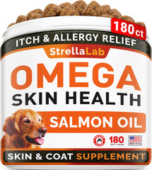 Jarre STRELLALAB Omega3 pour chiens, friandises saumon savoureuses et pratiques.