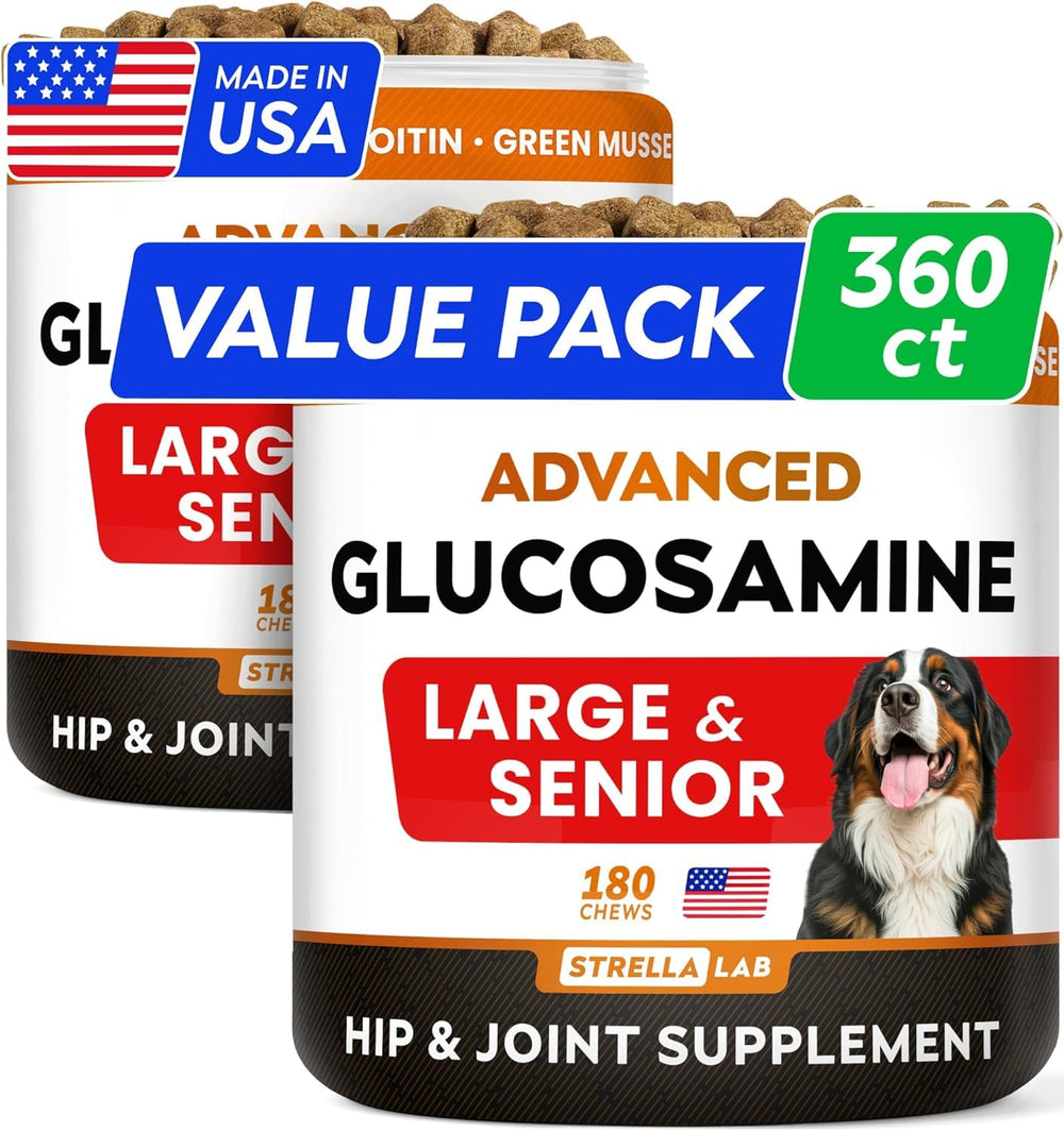 STRELLALAB Senior – bouchées glucosamine chondroïtine en bouteille, 360 unités, soutien articulaire potentiel.