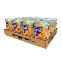 Strongheart nourriture humide pour chien au poulet et riz, boîte ouverte prête à servir.