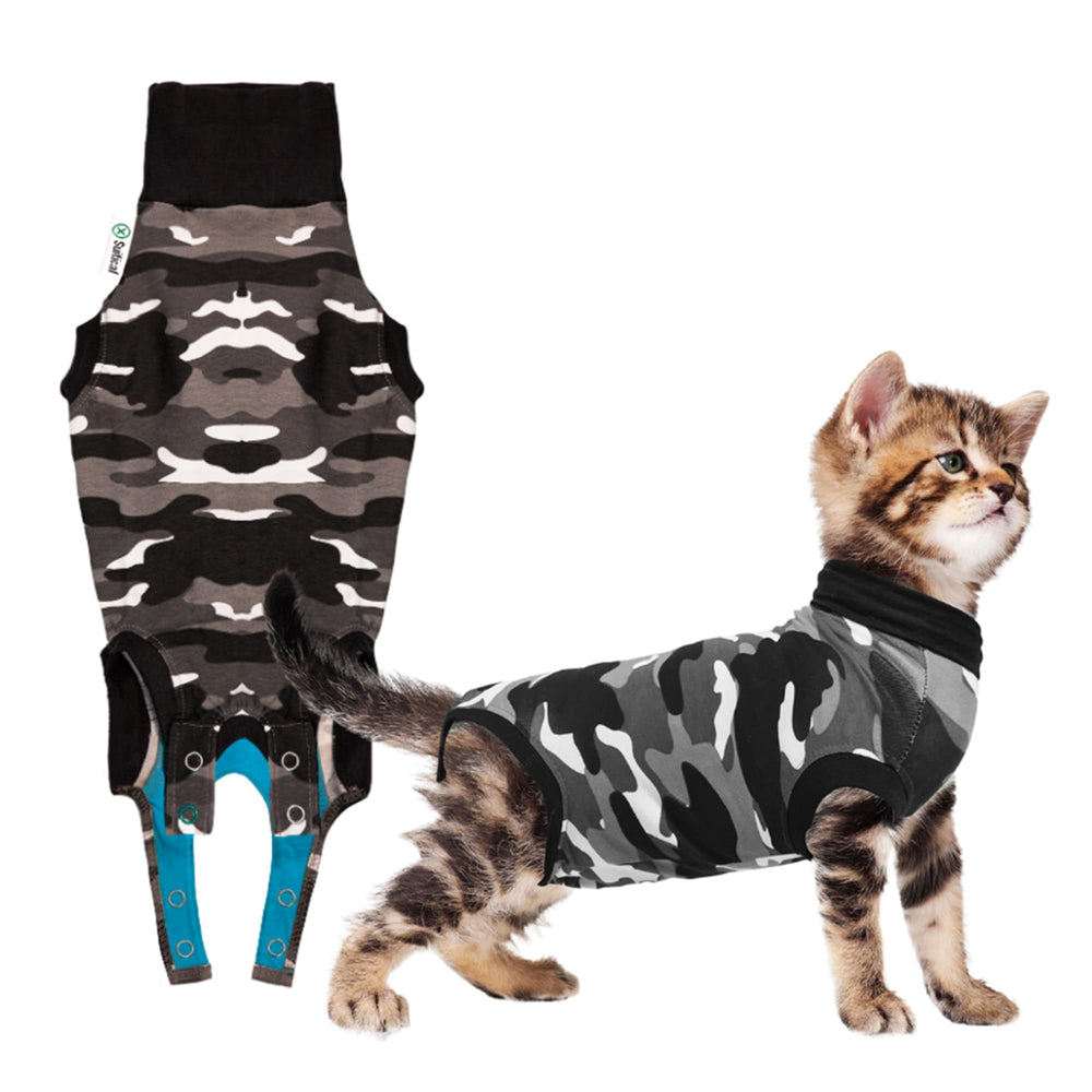 Suitical: combinaison de récupération pour chat, vue avant, protège les sutures et procure du confort.