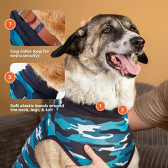 Suitical Recovery Suit pour chien grand bleu camouflage – face et enfilage facile
