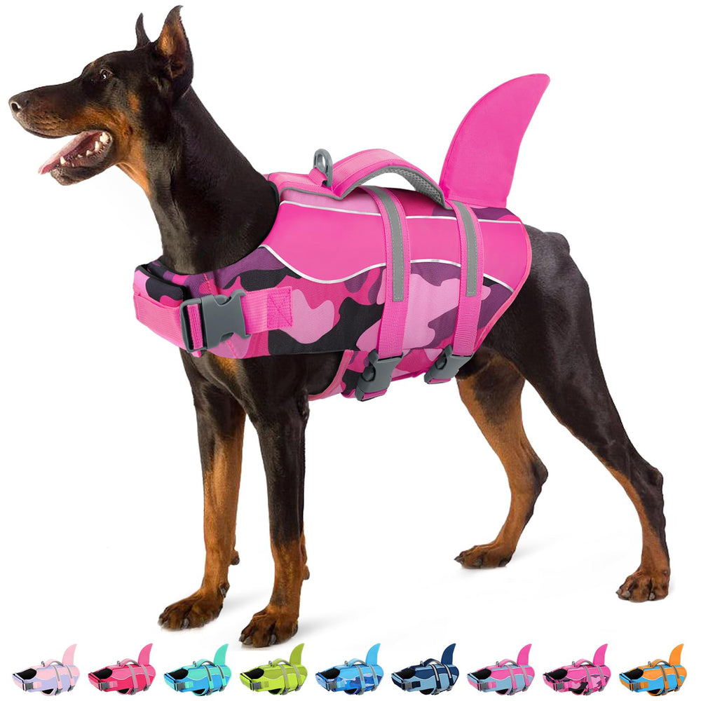 SUNFURA gilet sauvetage chien style requin rose camouflage, visibilite et securite en eau.