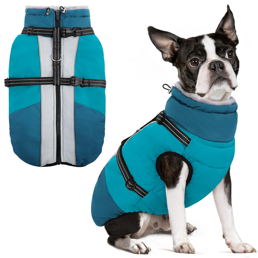 SUNFURA manteau chien harnais intégré turquoise, pour promenades sécurisées et faciles.