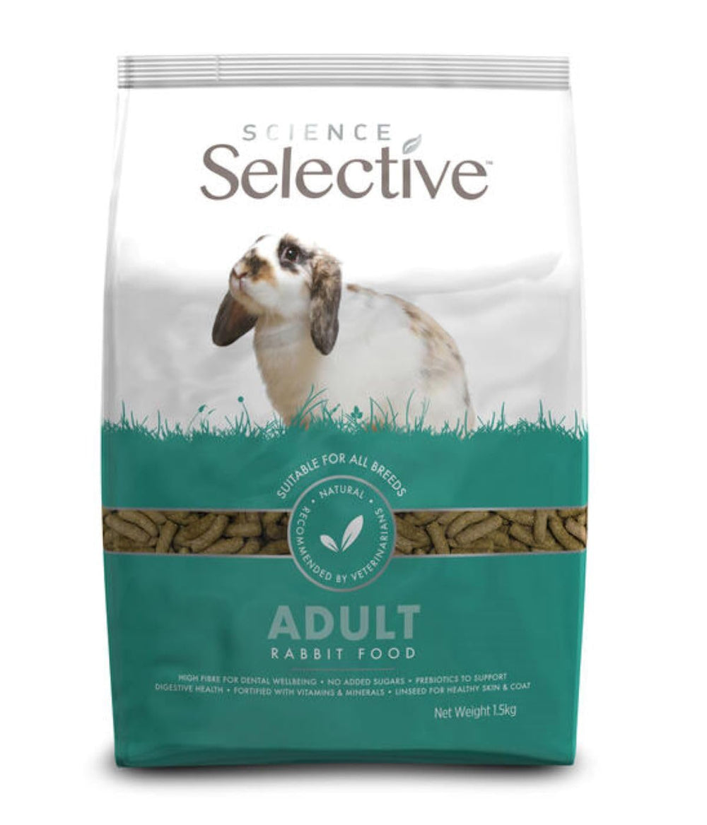 Supreme Petfoods Science Selective pour lapin adulte, emballage 1,5 kg avec fibres élevées.