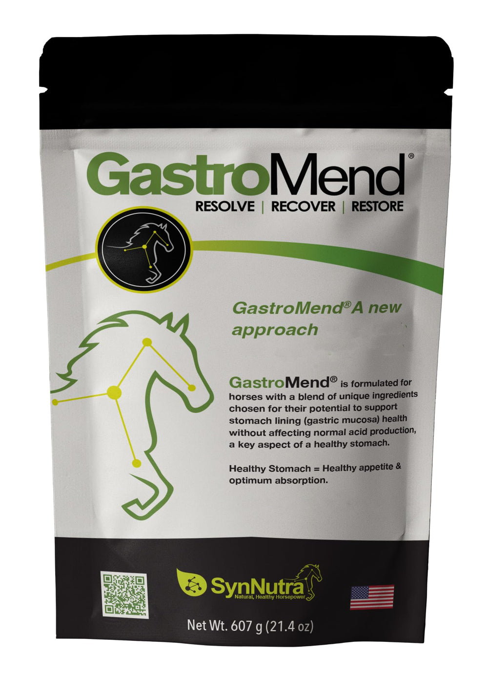 SynNutra GastroMend : bouteille-poudre prête à soutenir la digestion du cheval lors de l'entraînement.