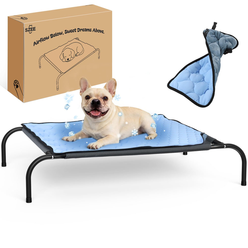 Couchage surélevé SZEE pour chien avec plateau double-face, confort et stabilité.
