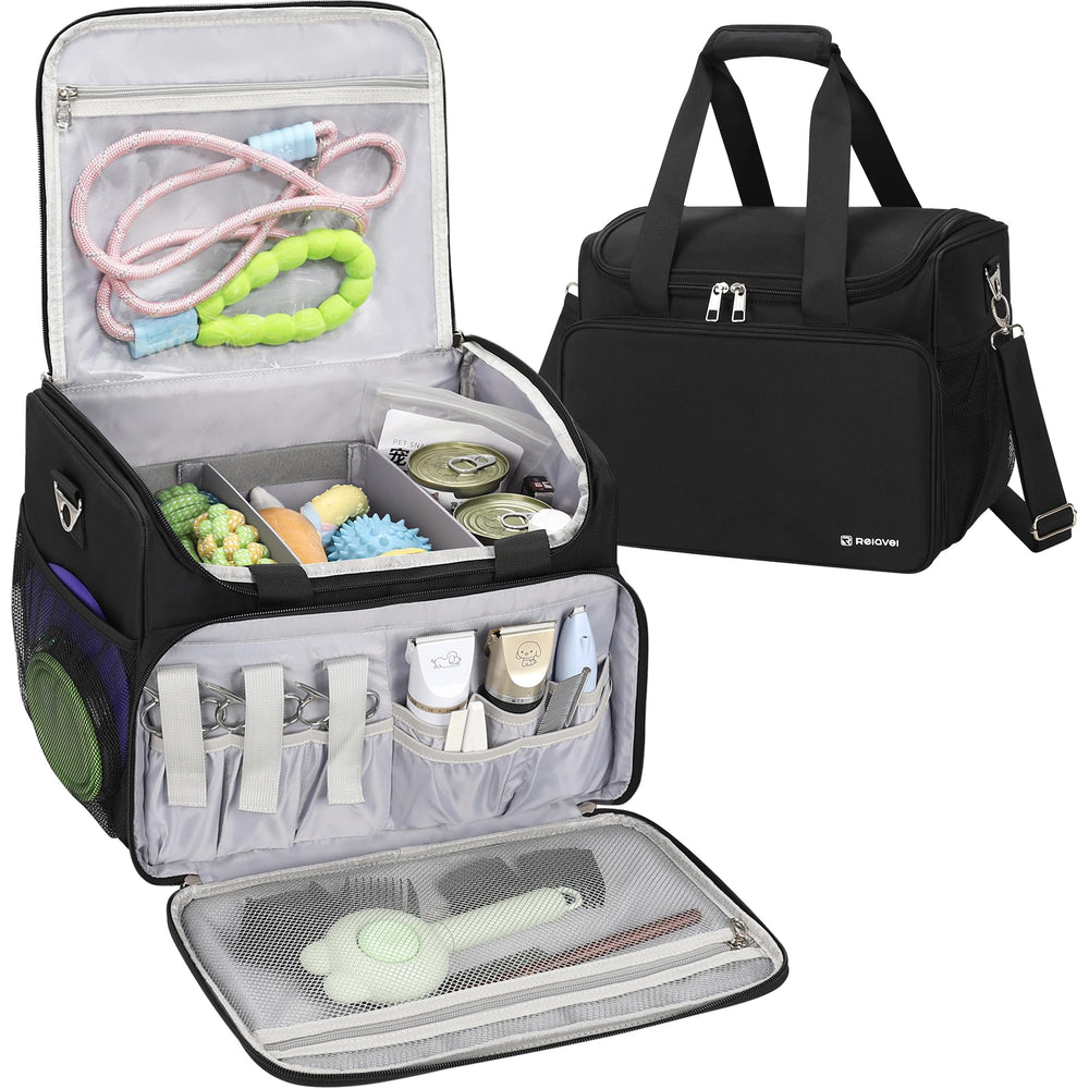 Sac Tanto toilettage noir extérieur, rangement pratique pour les déplacements.