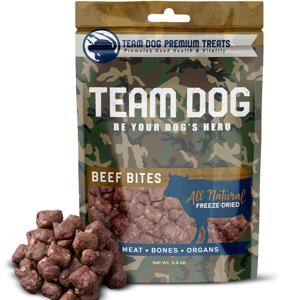 Friandises Team Dog cœur-boeuf-poumon-foie lyophilisées pour entraînement.