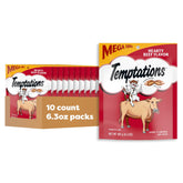 Temptations chat boeuf, sachet 6-3oz, friandise croustillante et moelleuse.