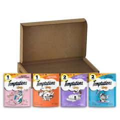 Temptations pour chat : pack ouvert, friandises croquantes et douces pour récompenser.