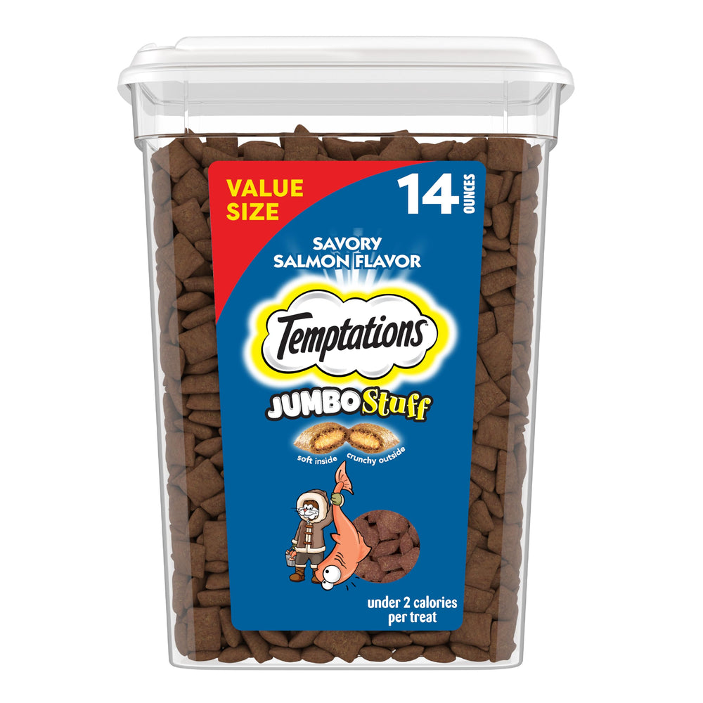 Temptations: friandises saumon croquant extérieur et moelleux intérieur pour chats.