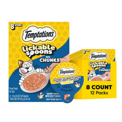 Temptations cuillères léchables saumon et poulet, portion pratique pour récompense sans dégâts.