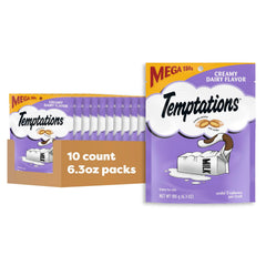 Temptations friandises pour chats, croquant extérieur et moelleux intérieur, goût lait creme.