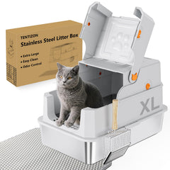 Litière Tentizon en acier inoxydable avec couvercle, durable et facile à nettoyer.