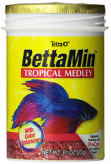 Flocons BettaMin de Tetra, emballage clair et alimentation complète pour Betta splendens.
