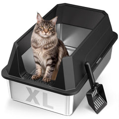 Tevila bac litière en inox XL avec rebords hauts idéal pour grands chats.