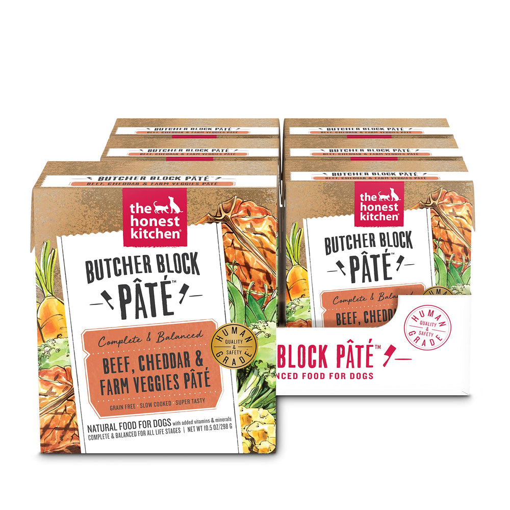 The Honest Kitchen Butcher Block Pâté boeuf cheddar légumes fermes repas complet et savoureux.