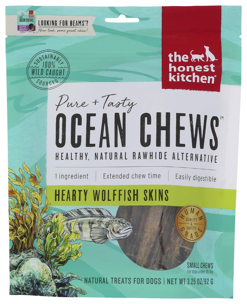 The Honest Kitchen Ocean Chews – détail des peaux wolffish, friandise naturelle pour le pelage.