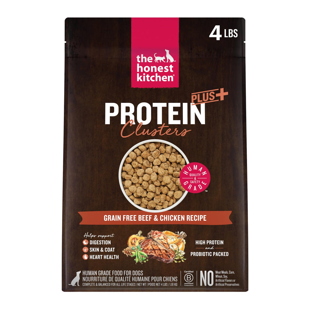 The Honest Kitchen Protein Plus+ clusters, sac 4 lb, croquettes riches en protéines pour chiens actifs.