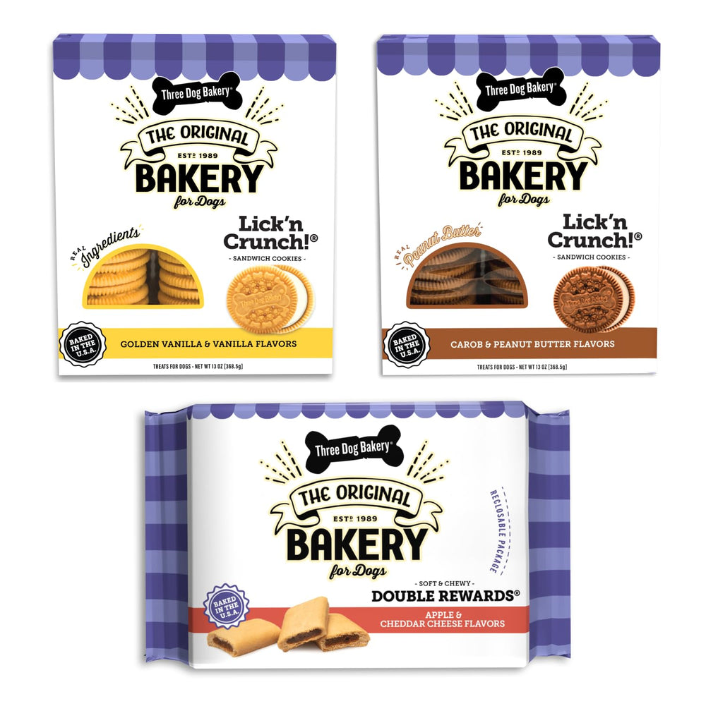 Three Dog Bakery biscuit beurre de cacahuète croustillant, sans arômes artificiels, parfait comme friandise.