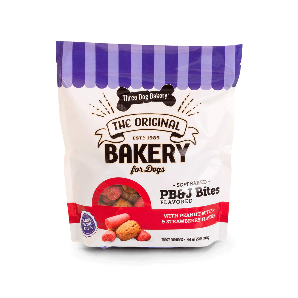 Three Dog Bakery PB&J Bites – sachet refermable, friandises premium pour chiens, fraîcheur prolongée.