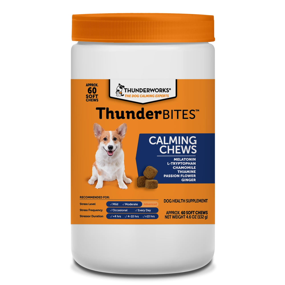 ThunderBites friandises apaisantes - bouteille montrant le produit; peut favoriser le calme chez votre chien.
