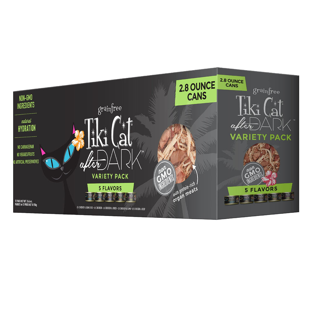Tiki Cat After Dark : boîtes 2-8oz montrant repas riche en protéines pour chat adulte.