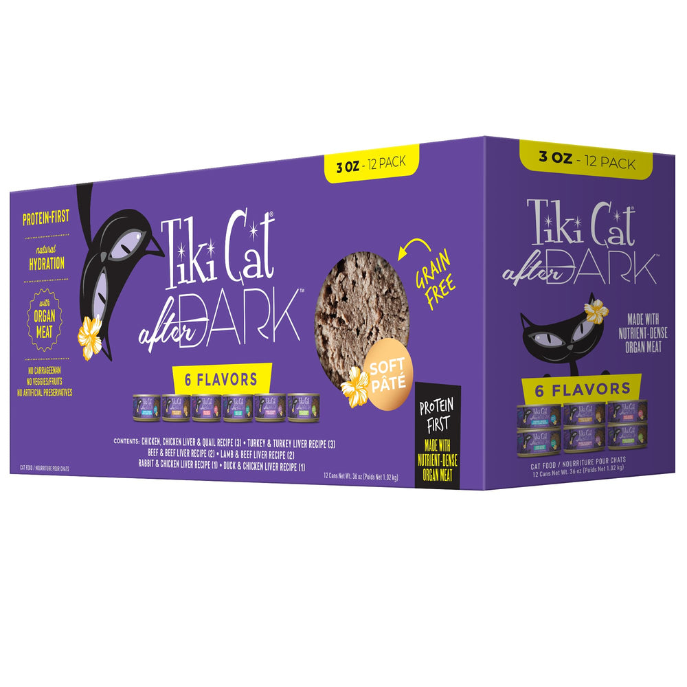 Tiki Cat After Dark Pâté assortiment en 12 boîtes de 85 g pour chats adultes.