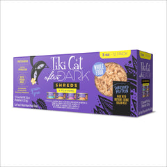 Tiki Cat After Dark Shreds en boîte 3oz ouverte, protéines riches et saveur carnée.