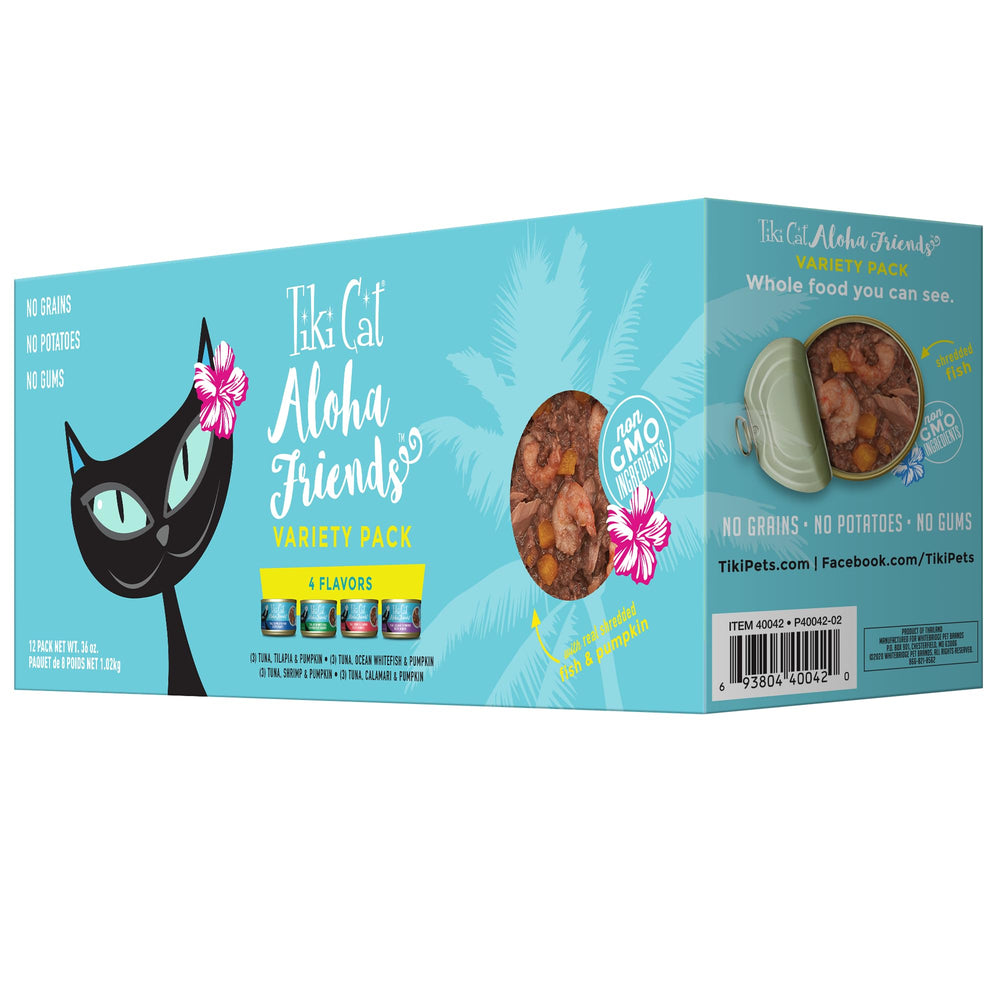 Tiki Cat Aloha Friends en boîtes poisson, repas humide riche en protéines pour chats actifs.