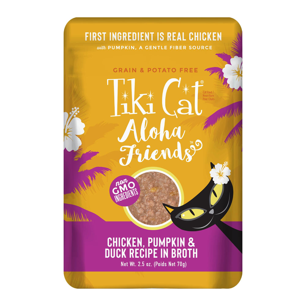 Tiki Cat Aloha Friends – sachet poulet-potiron-canard, forte humidité pour l'hydratation.
