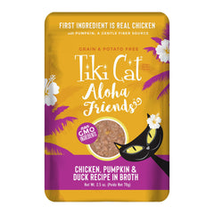 Tiki Cat Aloha Friends – sachet poulet-potiron-canard, forte humidité pour l'hydratation.