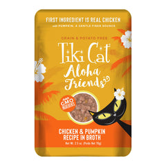 Tiki Cat Aloha Friends — sachet humide poulet et potiron, hydratation élevée pour chat.
