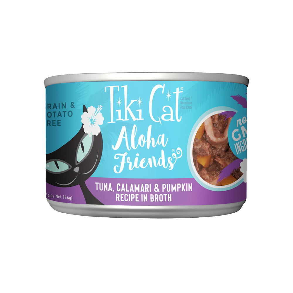 Tiki Cat Aloha Friends thon-calmar-potiron, repas humide hydratant et appétissant.
