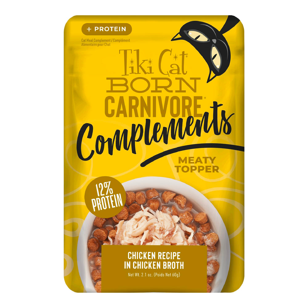 Tiki Cat Born Carnivore Complements au poulet, sachet visible, idéal pour enrichir les repas.