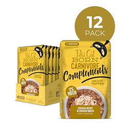 Tiki Cat Poulet effiloché, sachet visible, parfait topper croquettes.