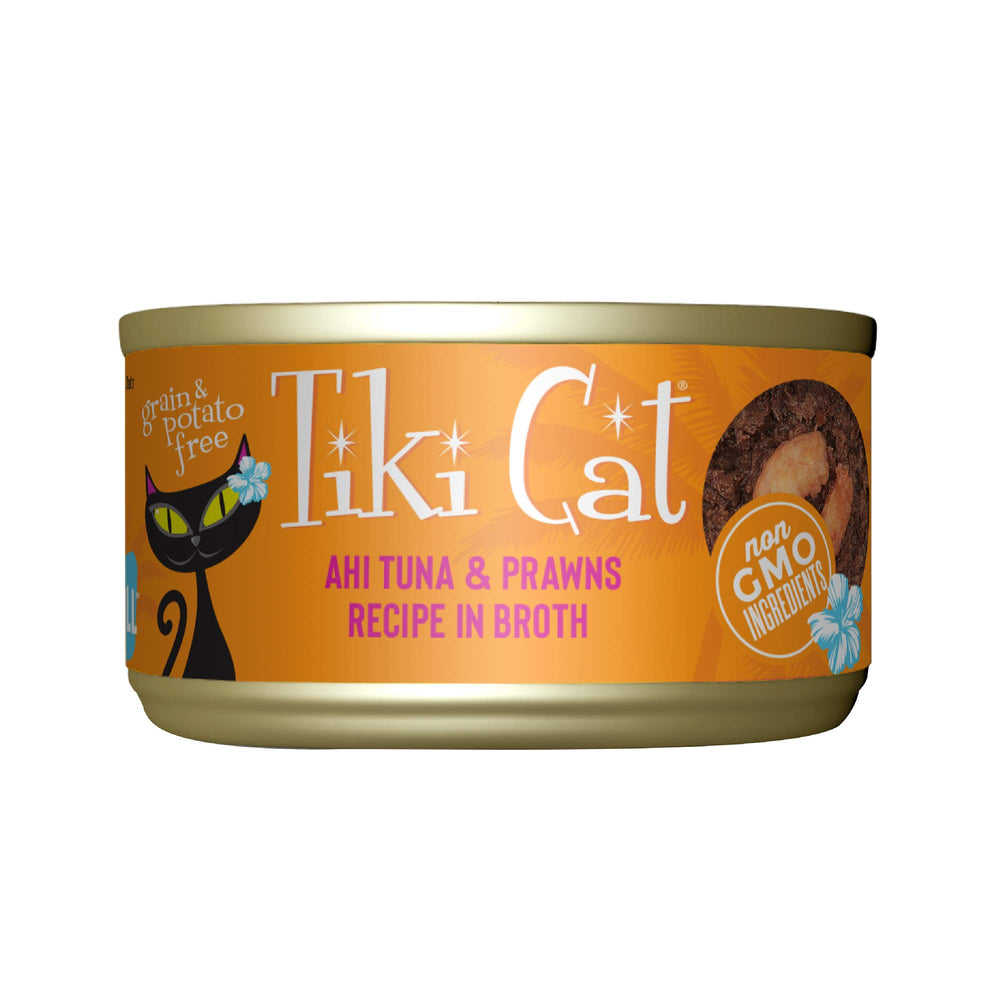 Boîte Tiki Cat Grill thon ahi et crevettes, riche en protéines pour chats actifs.