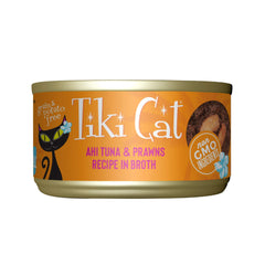 Boîte Tiki Cat Grill thon ahi et crevettes, riche en protéines pour chats actifs.