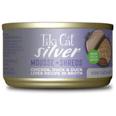 Tiki Cat Silver Comfort Mousse et Shreds avec poulet et canard, facile à manger pour seniors.