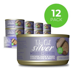 Tiki Cat Silver Comfort Mousse et Shreds, petits morceaux de volaille, texture douce et appétente.