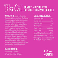 Citrouille et bouillon Tiki Cat Silver Mousse visibles, saveur attrayante.