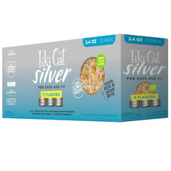 Pack Tiki Cat Silver montrant les boîtes 2,4 oz adaptés aux chats seniors.