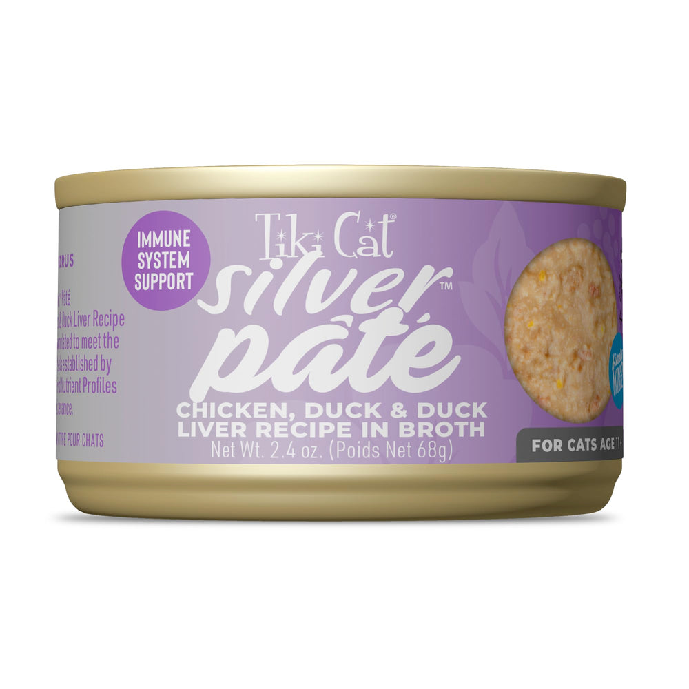 Tiki Cat Silver Pâté boîte face : repas pratique pour chats âgés.