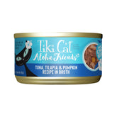 Boîte TIKI PETS Aloha Friends affichant thon tilapia et citrouille, hydratation quotidienne.