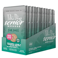 Le TIKI PETS Tiki Dog Senior Mousse offre une saveur citrouille et fibres pour une digestion plus facile.