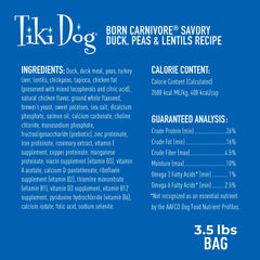 Ingrédients pois et lentilles dans Tiki Dog Born Carnivore pour énergie soutenue.