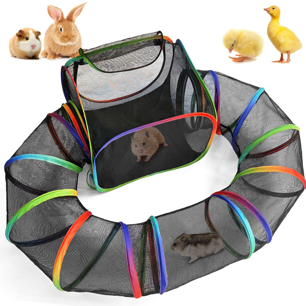 TIKIWIK parc pour petits animaux avec tunnel arc‑en‑ciel, offre espace généreux pour courir.