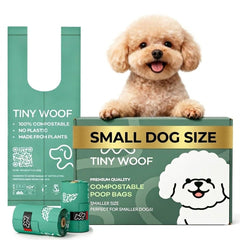 Tiny Woof mini-poo-bags pour petits chiens, biodégradables et pratiques.